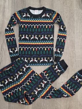 Hanna Andersson Navy Holiday Christmas Reindeer & Tree Pajama Set Fairisle 8